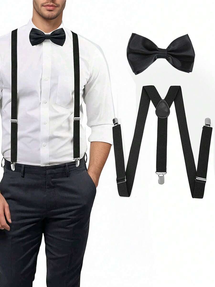 2 Pack Men's Black Elasticated Adjustable Halter Tie Bow For Everyday Dress Pants With Loop Closure For Shows, Parties, Grooms, Decoration As A Boyfriend Gift Bowknot Matching Decoration, Matching Accessories.