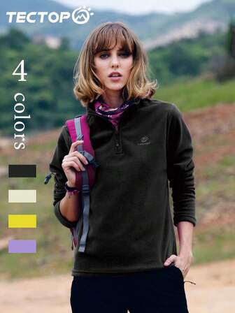 TECTOP Dames fleece trui, zacht en lichtgewicht, met kwartrits en lange mouwen, klassieke pasvorm, wintertop met willekeurig logo, skiën