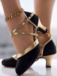 Zapatos de baile latino de D'Orsay con lentejuelas negras y doradas, tacones gruesos y medianos, con tiras cruzadas con tachuelas hechas a mano, versátiles para fiesta y boda, moda retro de otoño e invierno