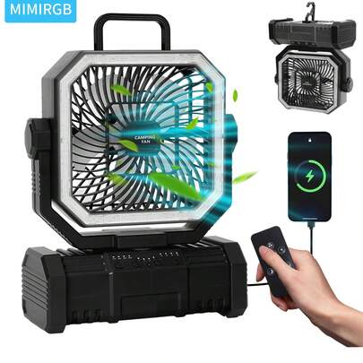 Camping Fan 11.41 Inch Portable , 20000mAh Rechargeable Battery Powered Fan With 4 Speeds Wind And LED Light 140H, Cool & Warm Light And SOS Mode, Auto Oscillating, 360° Rotating Hang Hook(Black-Basic Model)