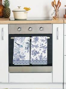 2 paquets de serviettes de cuisine en porcelaine bleu et blanc, assortiment de couleurs bleu et blanc, motif de pin bleu et d'oiseau, torchons de cuisine pour la vaisselle, décoration de maison de cuisine, décoration de table, fournitures de cuisine, convient pour les cuisines et les restaurants, couramment utilisé pour le nettoyage quotidien et la décoration des vacances