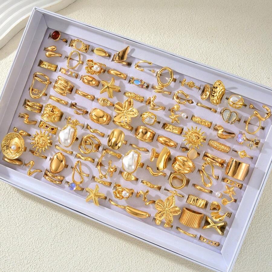 15pcs/Set Flower, Gemstone, Pearl, Star, Wrinkle, Teardrop, Glossy Textured Wide Chunky Rings, Fashion, Elegant, Vintage, Cute Design, Suitable For Holidays, Parties, Dates, Gifts, Daily Wear (Random Delivery)