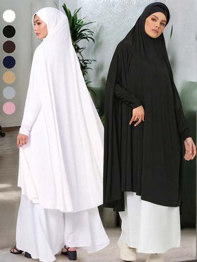 2pcs/1pc Women Muslim Hijab With Sleeve Covers, Solid Color Crystal Linen Simple Long Khimar Headscarf, Fashion Versatile Overhead Headcover For Outdoor Prayer, Breathable & Suitable For All Seasons