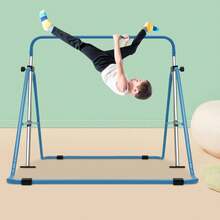 Barra da ginnastica per bambini, barra orizzontale pieghevole, altezza regolabile, base antiscivolo, attrezzatura per l'allenamento ginnico per la casa, capacità di 220 libbre, rosa/blu - Blu - Visualizzare 5