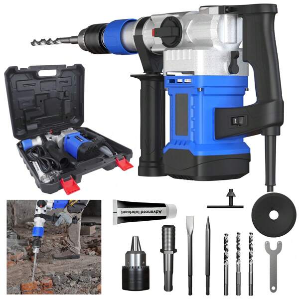 Vandise 2000W Heavy Duty Electric Demolition Hammer Drill - 6 Variable Speed Rotary Hammer with SDS Plus Chisels & Drill Bits, Case Included - 360° Swivel Handle for Wood, Steel, Concrete, Brick, Stone - Professional Power Tool for Construction, Renovation, Masonry Work