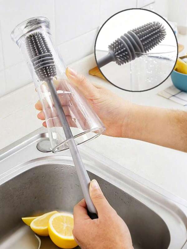 1 Pack Of Gray Long Handle No Dead Corner Cup Brush Water Cup Kettle Bottle Teapot Cup Wall Breaker Decontamination Cleaning Brush, Multifunctional Long-Handled Silicone Brush For Cups And Bottles, Multipurpose Household Cleaning Brush