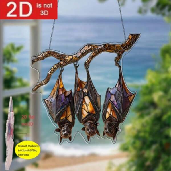 1pc, Three Bats Colorful Window Hanging Sun Catcher With Inverted Branches, Acrylic Sign 7.9in X 7.9in, Suitable For All Season Decorations, Home Decorations, Indoor And Outdoor Decorations, Garden Decorations, Birthday Gifts For Friends And Family