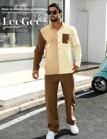 Mens 2 Piece Color Block Outfits Casual Long Sleeve Color Block Shirts And Pants Matching Set Sweatsuit-2025 - 棕色 - 查看 7