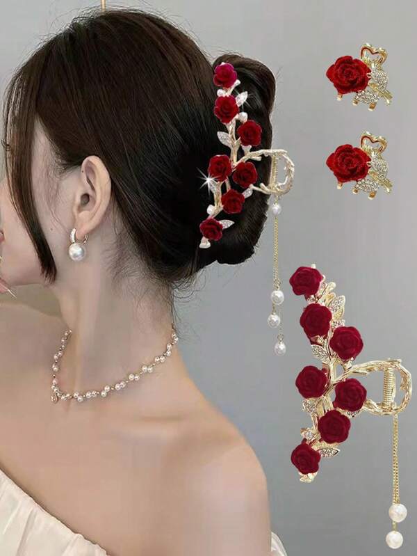 [3 piezas] Clips de metal con garra de perla y borla de rosa roja vintage | Elegantes accesorios para el cabello estilo chino | Pinzas románticas para el flequillo/mini pinzas para el cabello, adecuadas para peinados diarios y de hanfu