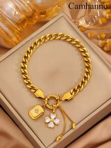 Camhanno 1pc Elegant And Fresh Gold Stainless Steel Bracelet With Unique Flower Pendant Design, Exquisite And Ideal Gift, Non Fading Jewelry, Fashionable And - Gold - View 7