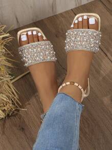 Sandalias de mujer de talla grande, de lujo, con punta cuadrada antideslizante, decoradas con brillantes rhinestones y perlas, versátiles para la playa y vacaciones