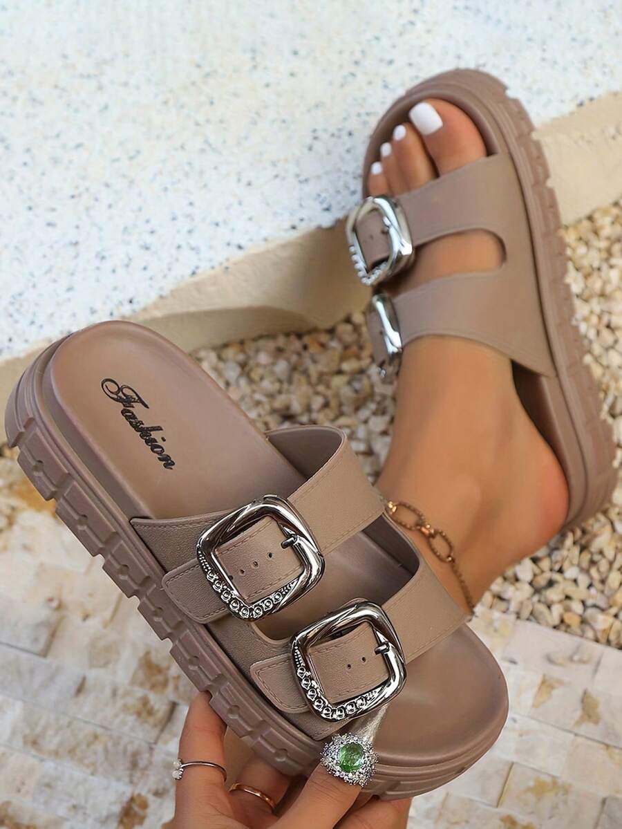 FZY 2026 New Women Summer Casual Sandals, Simple Fashion Thick Platform Lightweight Slippers, Buckle Decor High Heel Platform Thick Bottom Anti Anti-Odor Increased Height Beach Shoes Or Casual Wear At Home Or Commuting Sandals,Essential Easter Outfits - 卡其色 - 查看 1