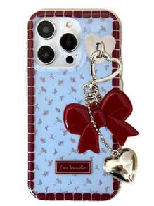 INS Korean Sweet Red Floral Blue Phone Case + 3D Bow Heart Pendant Compatible With IPhone 16 15 14 13 12 11 Pro Max Plus Lovely Adorable Girl Soft Back Cover
