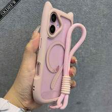 Ins Style Simple Japanese And Korean Cute 3D Cartoon Cat Ears Transparent Acrylic With Cat Tail Magnetic Ring Phone Case With Lanyard Compatible With IPhone 17 17air 17pro 17promax 16 16plus 16pro 16promax 16e 15 15pro 15promax 14 14pro 14promax 13 13pro 13promax 12 12pro 12promax 11, Supports Wireless Charging - 粉紅色 - 查看 3