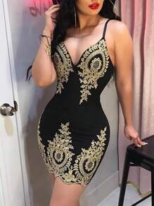 Womens Sexy V Neck Bodycon Dress, Empire Waist Print Sleeveless Clubwear Party Cocktail Evening Mini Dress