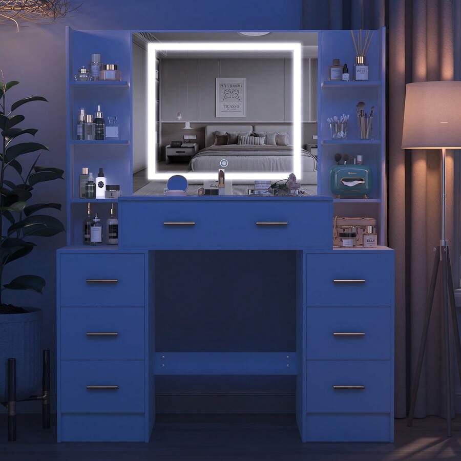 Tocador con espejo y luces LED, mesa de maquillaje con 7 cajones - Blanco - Ver 1