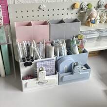1pc 6-Compartment Cream Color Pen Holder, Simple Design Large Capacity Desk Organizer For Stationery, Makeup Brushes, Eyeliners And Other Beauty Tools Back To School