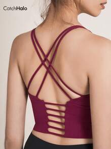 Catch Halo Criss Cross Back Workout Cropped Top For Women - Scoop Neck & Strappy Back Design Sport Cami Top | 4-Way Stretch Quick Dry Breathable Medium Support Workout Tank Top For Yoga, Pilate, Running, Cycling, Gym (Wine Red, S~XL)