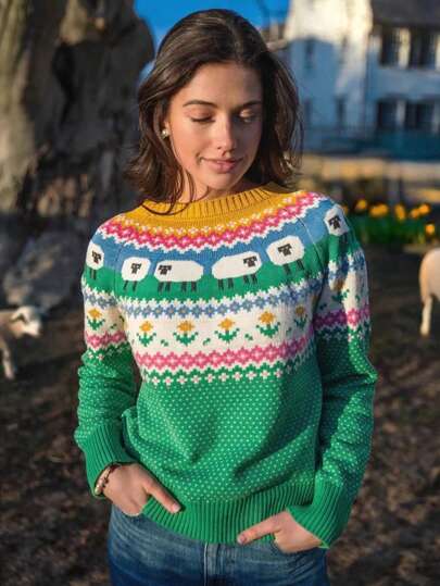 بلوزة نسائية بياقة طاقم وأكمام طويلة مع تفاصيل محبوكة بالكشكشة، طول منتظم، بنمط الأغنام والزهور، مناسبة للتنقل في فصلي الخريف والشتاء