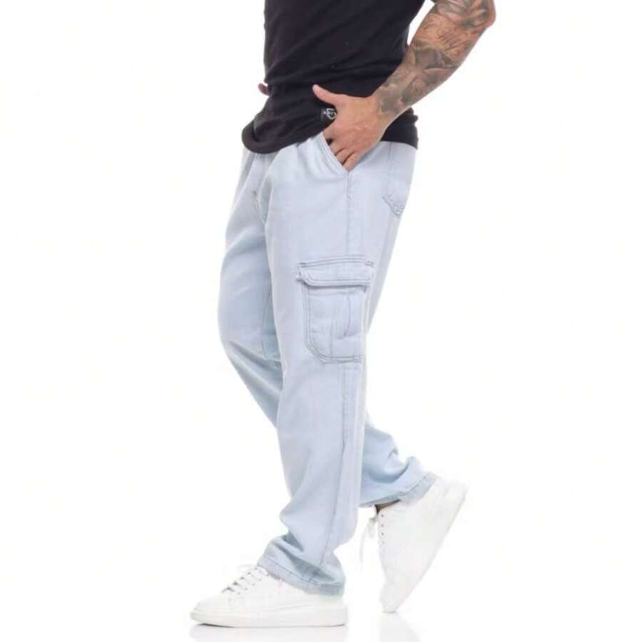 Calça jeans Cargo Masculina 6 Bolsos Largo Cintura de Cordão Ideal Para Manobras Streetwear - Lavagem clara - Visão 1