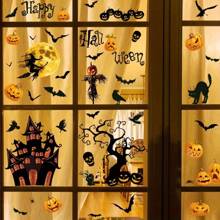 1 Set Of 3 Halloween Window Clings - Each 8.27x10.63 Inches - Modern Design, PVC Static Clings With Castle, Bats, Skulls - Reusable Double-Sided Glass And Window Visual Decor, Suitable For Horror Party Decor, Holiday Window Stickers | Haunted House Accessories | PVC Stickers, Halloween Decorations
