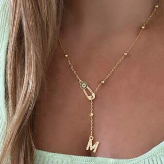 1pc New Classic Pave Zirconia Initial Pin Pendant Golden Stainless Steel Bead Chain Necklaces For Women