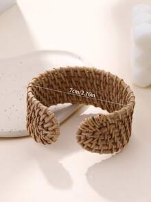 1pc Exaggerated Handmade Rattan Bangle With Stripe Effect, Large & Lightweight, Versatile Design Suitable For Women Holiday, Party And Daily Wear - Khaki - View 4
