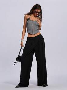 ROMWE 修身蕾丝立领女式背心 - 灰色 - 查看 4