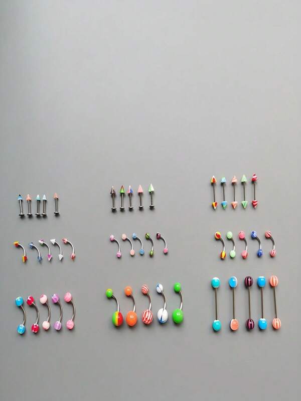 45pcs Assorted Men's Acrylic Piercing Jewelry Set, Including 9 Types With 5pcs Each (Tongue Rings, Eyebrow Rings, Nose Rings, Body Jewelry)