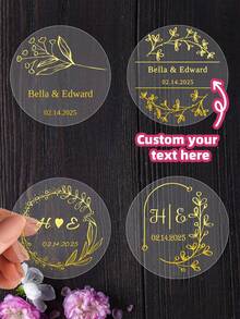 1~120pcs Custom Name/Date Stickers, Round Transparent Gold Foil, Wedding Stickers, Personalized Anniversary Labels, Customized Text Party Favour Labels, Gold Stamping,Ornamental, High-Quality, Colorful, Custom, Unique, Personalized, Ideal Gifts,Ideal Gifts For Friends Home, For Anniversaries, For Birthdays, - Multicolor - View 4