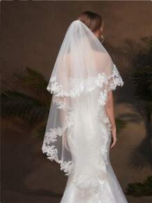 1pc Beige Double-Layer Short Bridal Veil With Comb