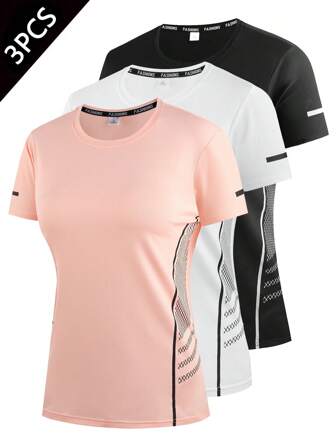 3 件女式速干健身 T 恤 - 短袖弹力运动上衣，适合跑步、瑜伽、健身