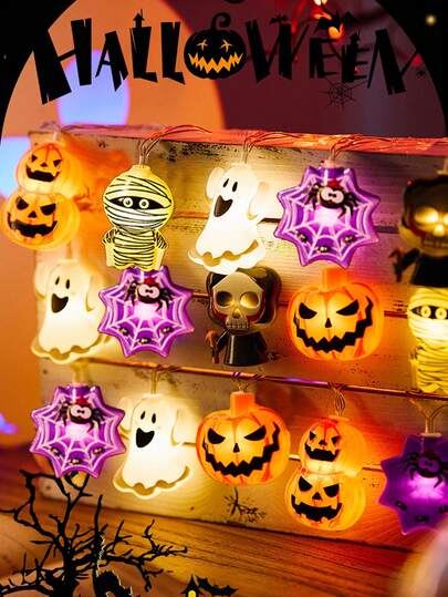 1 个暖光 4.92FT10LED/9.84FT20LED 万圣节装饰灯串，鬼南瓜/蜘蛛网/木乃伊/鬼/双南瓜组合万圣节装饰灯，由 3/2 * AA 电池供电，适用于万圣节装饰、房间装饰、节日派对气氛装饰灯串（不含电池）万圣节装饰灯家居装饰派对装饰万圣节装饰房间装饰万圣节花园装饰礼物仙女