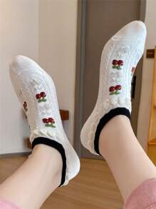 Calcetines de tobillo transpirables con lazo de cereza, letra y diseño floral tipo Ins para mujer