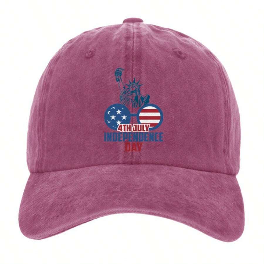 Vintage Wash Distressed 100% Cotton Cowboy Hat, Statue Of Liberty Celebration Fireworks Flag Letter Print. 100% Cotton Denim Hats, Baseball Caps, Adjustable Arched Brim, Hot Pink