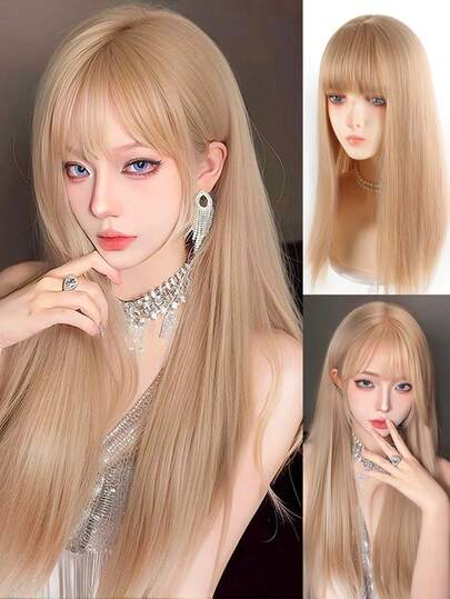 Synthetische lange gerade Lolita-Perücke mit Pony, Mädchen Perücke in Cute Pink Blond Braun für Partys, Halloween, Harajuku Perücke, hitzebeständiges Haar