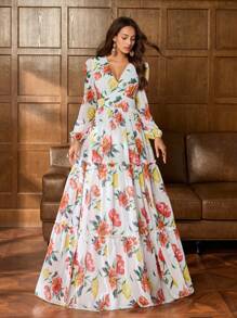 Faeriesty 印花优雅雪纺晚礼服，带有鲜艳的花卉印花、深 V 领口和多层裙摆 | 适合正式场合的浪漫优雅设计 | 非常适合婚宴、花园庆典和海滩婚礼