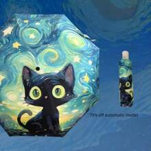 1pc New Cute Van Gogh Cat Folding Umbrella, Dual-Use Sunshade & Rainproof Umbrella, Automatic, UV Protection, Fashionable Black Cat Pattern, Thick Anti-UV Foldable Travel Umbrella For Men & Women, Students