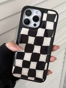 Check Pattern1pc Black & White Geometric Matte Anti-Scratch Epoxy Resin PC Hard Phone Case, Shockproof Cover, Compatible With Iphone 16 Pro Max/14/13/15 Plus/16, Galaxy S25 Ultra/S25+/S25e/S24 FE/S24 Plus, Mate 70 Pro/60 Pro, PURA 70 Pro/PURA 70 Ultra, Mi 14 Ultra/Mi 15 Pro, Birthday Gift For Friends