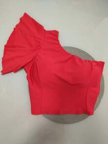 Cropped Feminino Plus Size Plus Suplex com Bojo Manga Mula Manca com Babado - Vermelho - Visão 4