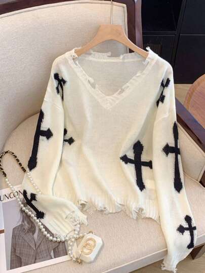 Plus Size Women Cross Pattern Distressed V-Neck Drop Shoulder Long Sleeve Sweater