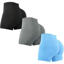 3 Piece Workout Shorts Womens Seamless High Waisted Scrunch Butt Athletic Gym Yoga Biker Shorts - 灰色/天藍色/綠松石色 - 查看 6