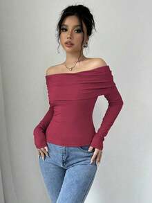 Gloray Women's Daily Simple Off-The-Shoulder Solid Color Top - Đỏ - Xem 4