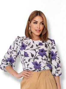 Women's Blouse With 3/4 Sleeves - White Flower - View 1