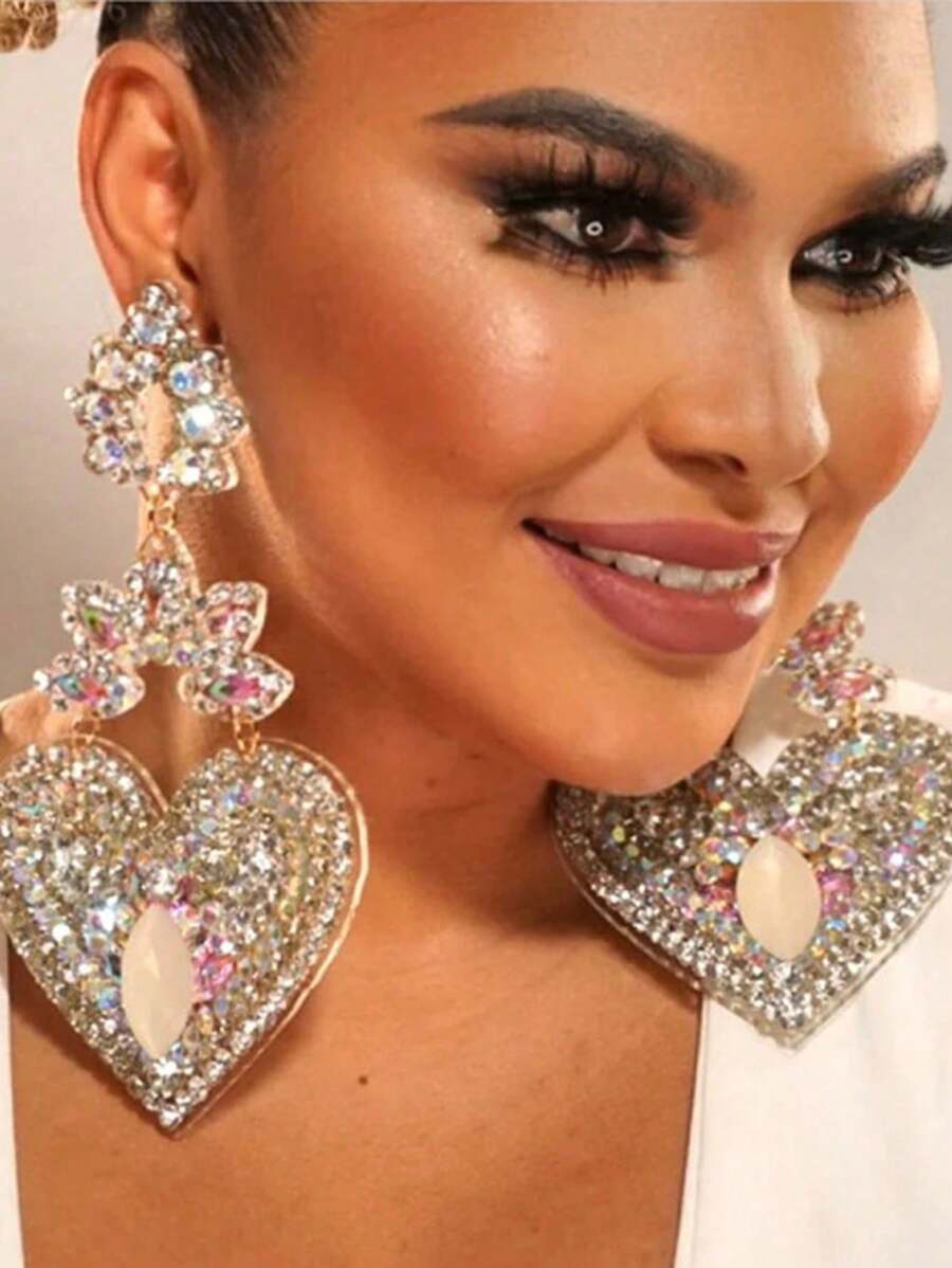 1 对金色超大 AB 水钻心形吊坠耳环，欧美设计，女士高端珠宝配饰 - 金色 - 查看 1