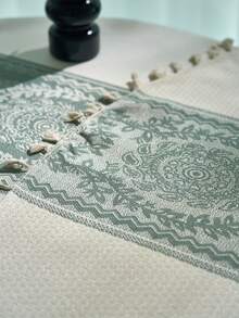 1pc French Luxury Minimalist Green Geometric Floral Jacquard Tablecloth With Tassel, Suitable For Home, Kitchen, Holiday Party, Birthday, Wedding, Everyday Decor - Multicolor - View 11