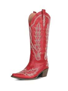 Women's Vintage Classic Western Knee High Cowboy Boots Fashion Embroider Block Chunky Heel Pull On Pointed Toe Retro Cowgirl Boots - Red - View 5