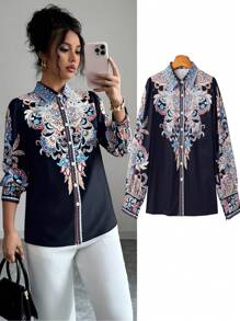 Camicia da donna a maniche lunghe con collo alla coreana, bottoni, con stampa, adatta per primavera ed estate