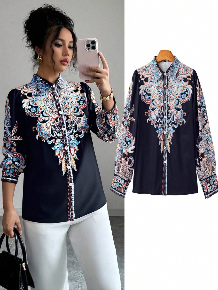 Camicia da donna a maniche lunghe con collo alla coreana, bottoni, con stampa, adatta per primavera ed estate