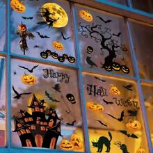 1 Set Of 3 Halloween Window Clings - Each 8.27x10.63 Inches - Modern Design, PVC Static Clings With Castle, Bats, Skulls - Reusable Double-Sided Glass And Window Visual Decor, Suitable For Horror Party Decor, Holiday Window Stickers | Haunted House Accessories | PVC Stickers, Halloween Decorations